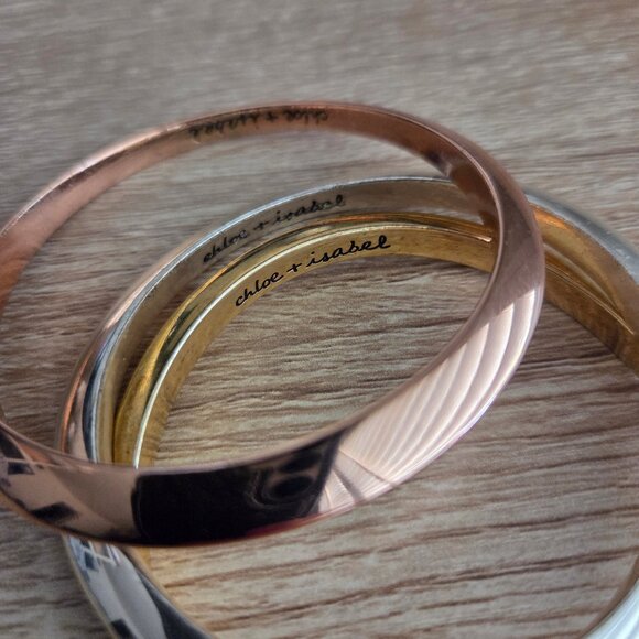 Chloe + Isabel Bangle Set 3 Piece Tri-Tone Three Bracelet Gold Rose Gold Silver - Picture 2 of 5